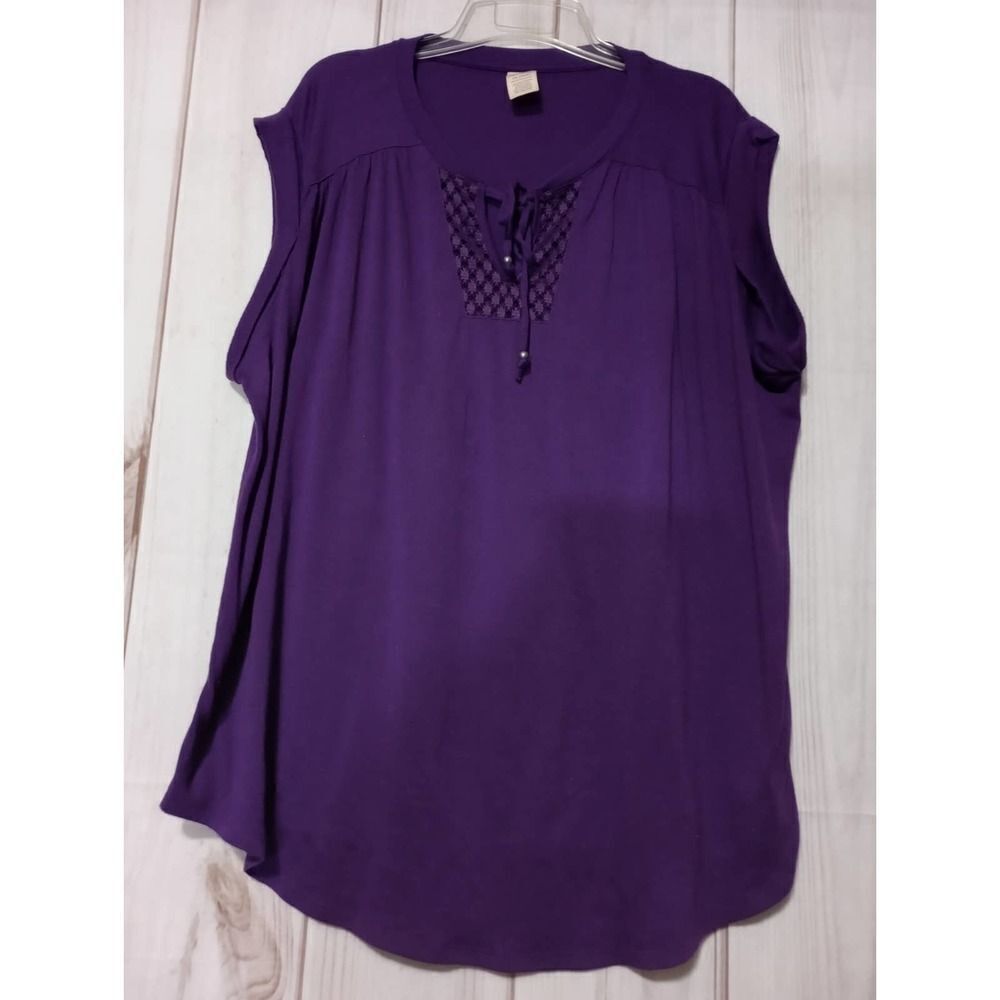 Faded Glory Womens Purple Crochet Lace Tie Neck Sleeveless Blouse Top 1X 16W